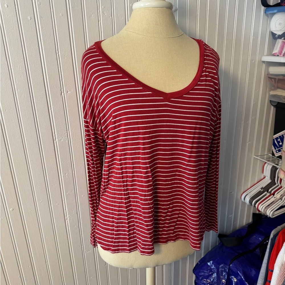 American Eagle Outfitters Red and White Striped V-Neck Top